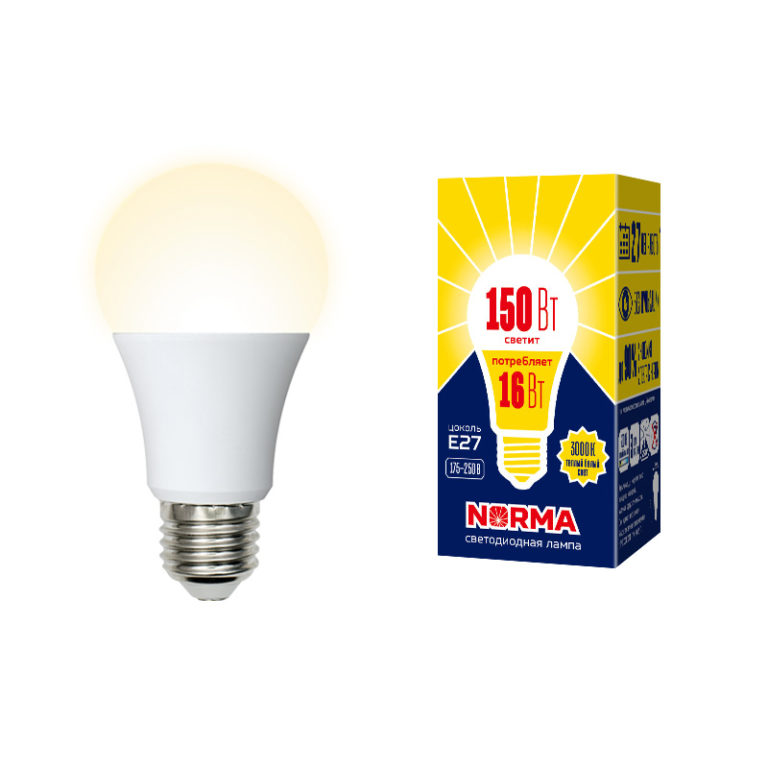 Лампа светодиодная “Norma”, теплый свет, ЛОН, А60, E27, 16W, 3000К.
