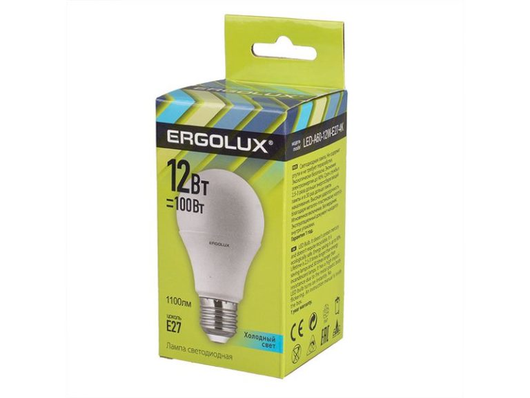 Лампа светодиодная “Ergolux”, холодный свет, ЛОН, А60, E27, 12W, 4500K.