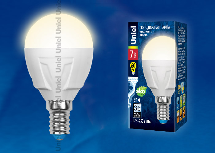Лампа светодиодная “Uniel” Palazzo, белый свет, шар, G45, E14, 7W, 3000К.