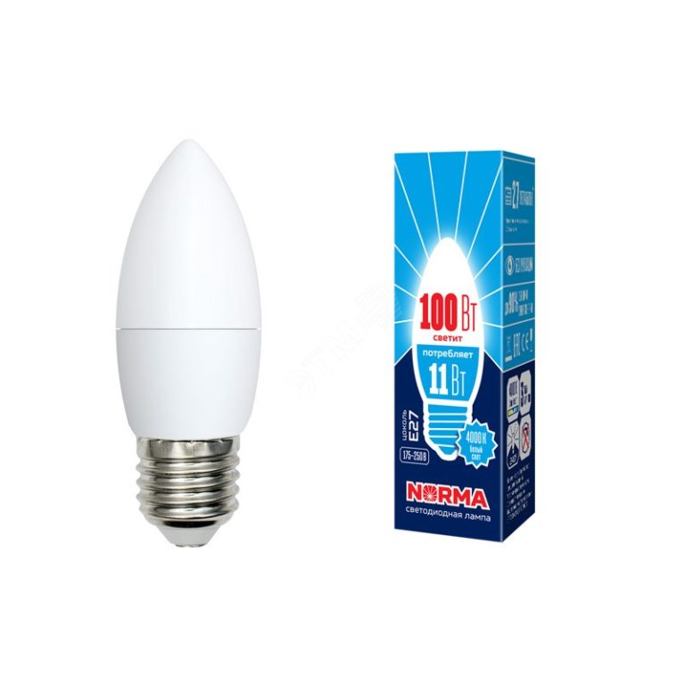 Лампа светодиодная “Norma”, холодный свет, свеча, С37, E27, 11W, 4000К.
