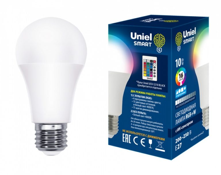 Лампа светодиодная “Uniel”, 15 цветов, A60, E27, 10W, 4000K, с ИК сенсором.