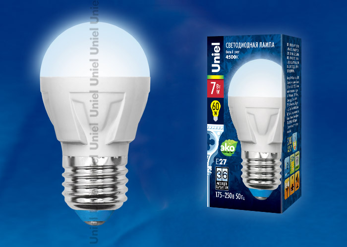 Лампа светодиодная “Uniel” Palazzo, белый свет, шар, G45, E27, 7W, 4500К.