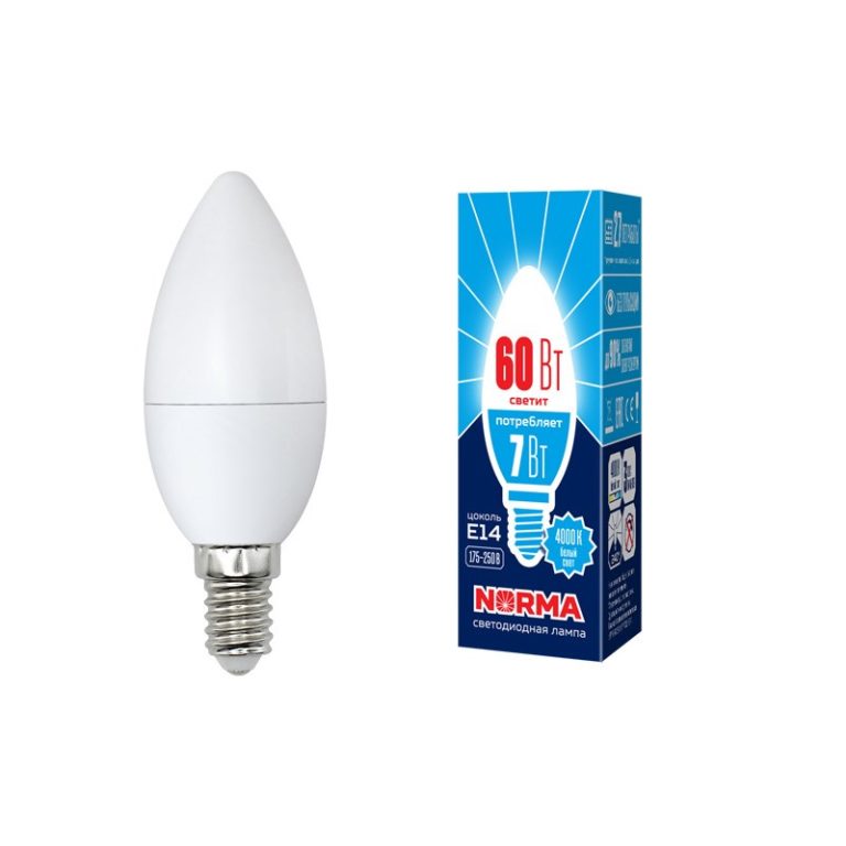 Лампа светодиодная “Norma”, белый свет, свеча, С37, E14, 7W, 4000К.