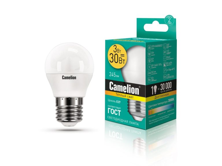 Лампа светодиодная “Camelion”, теплый свет, G45, E27, 3W, 2700K.