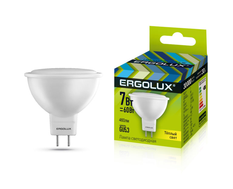 Лампа светодиодная “Ergolux”, теплый свет, MR16, GU5.3, 7W, 3000К,