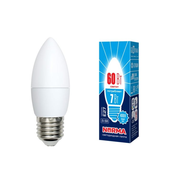 Лампа светодиодная “Norma”, белый свет, свеча, С37, E27, 7W, 4000К.