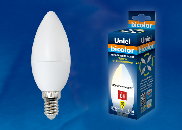 Лампа светодиодная “Uniel”, с выбором света, свеча, C37, E14, 6W, 3000К или 4000К.