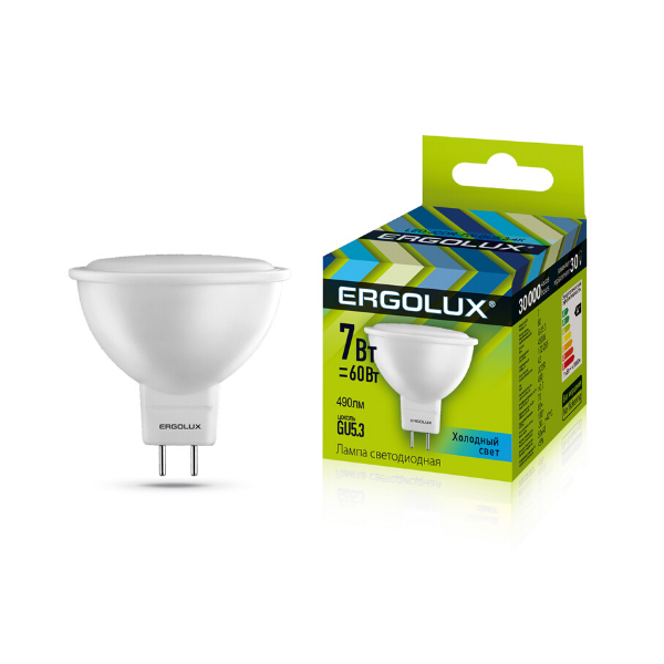 Лампа светодиодная “Ergolux”, холодный свет, MR16, GU5.3, 9W, 4500К.