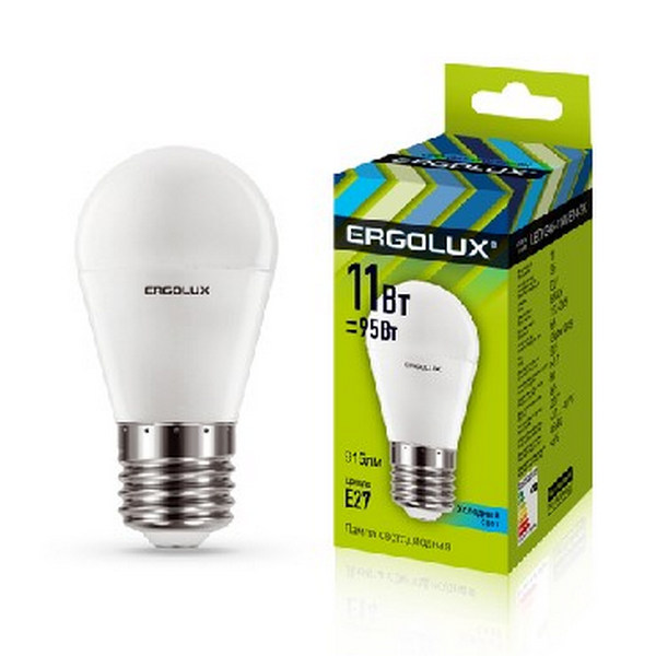 Лампа светодиодная “Ergolux”, холодный свет, шар, G45, E27, 11W, 4500K.