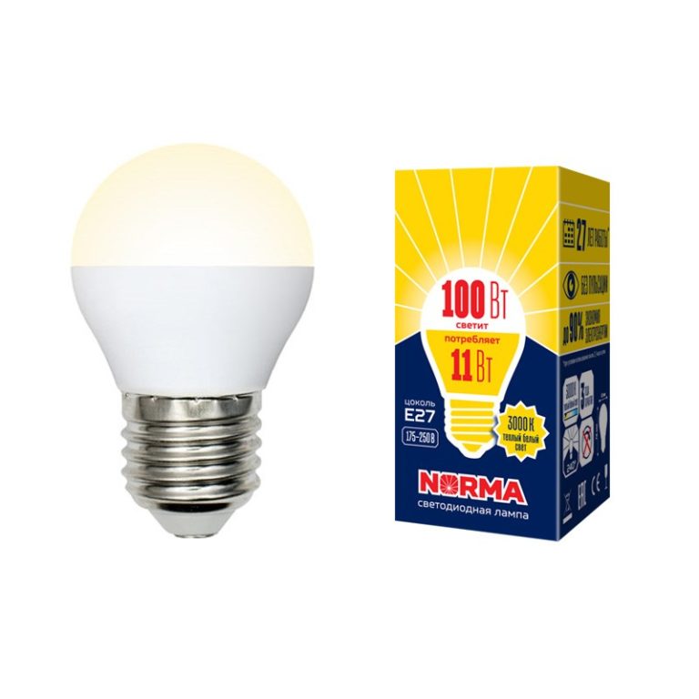 Лампа светодиодная “Norma”, теплый свет, шар, G45, E27, 11W, 3000К.
