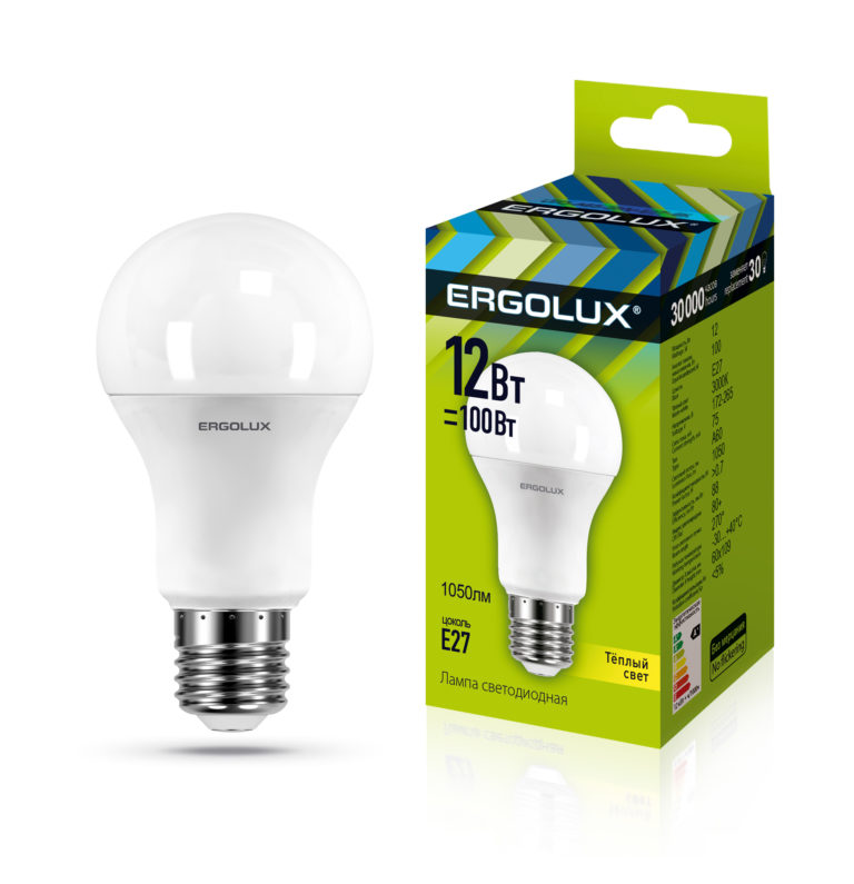 Лампа светодиодная “Ergolux”, теплый свет, ЛОН, А60, E27, 12W, 3000K.