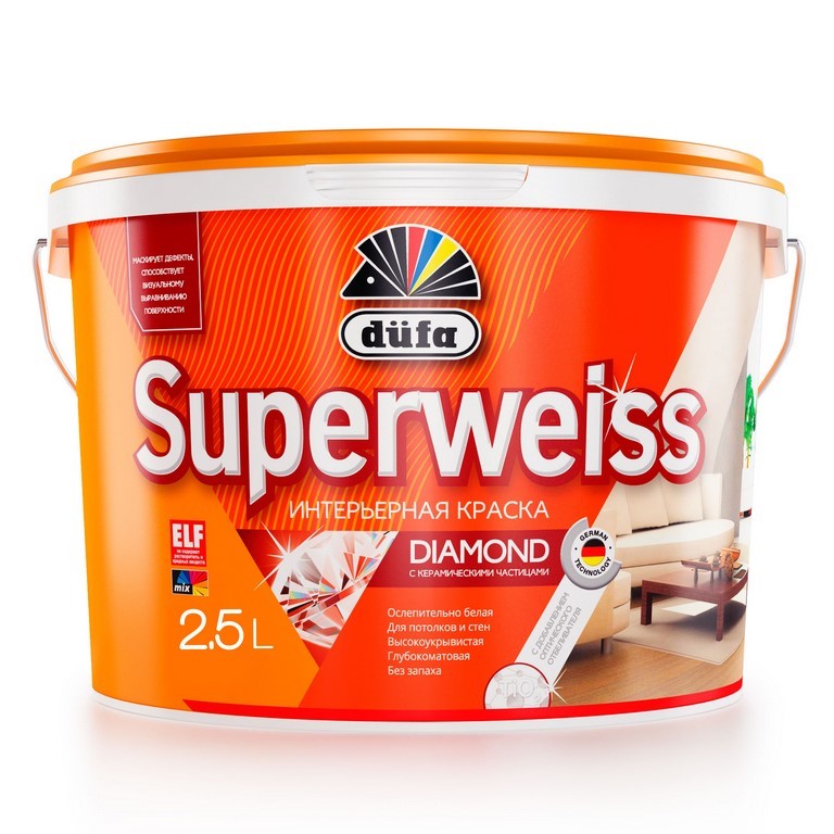 Краска для стен и потолков водно-дисперсионная “Dufa Superweiss RD4”, глубокоматовая белая, 2,5 л.