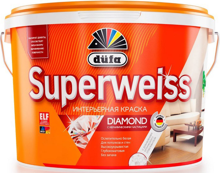 Краска для стен и потолков водно-дисперсионная “Dufa Superweiss RD4”, глубокоматовая белая, 5 л.