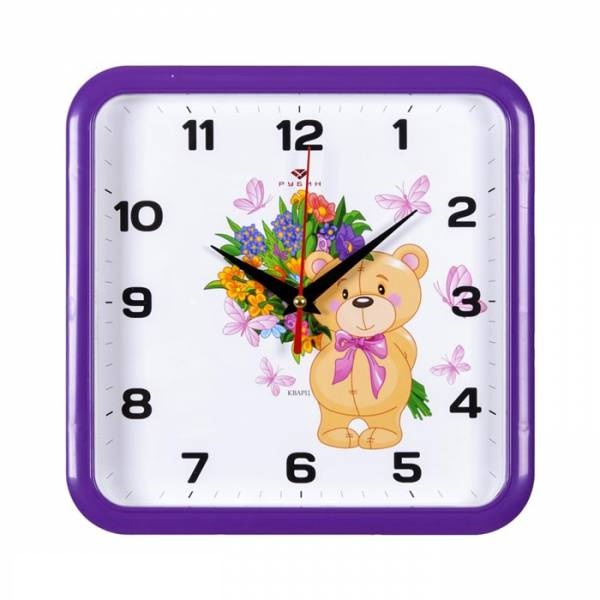 Часы настенные “Мишка с букетом”, 22*22 см, корпус фиолетовый.