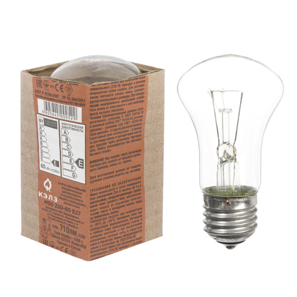 Лампа накаливания “КЭЛЗ”, прозрачная, грибок, М50, Е27, 60W, 230V.