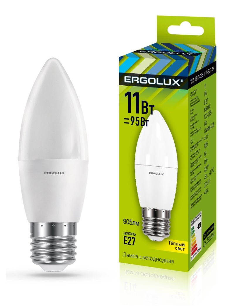 Лампа светодиодная “Ergolux”, теплый свет, свеча, C35, E14, 11W, 3000K.