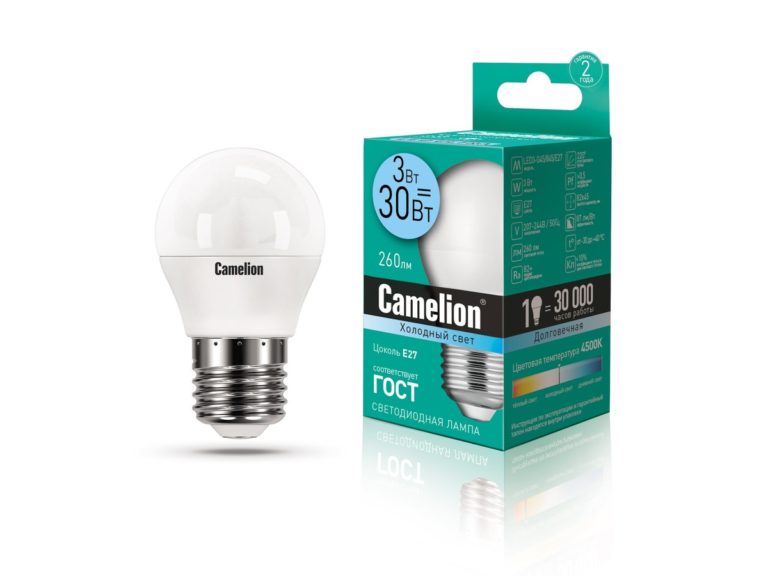 Лампа светодиодная “Camelion”, холодный свет, G45, E27, 3W, 4500K.