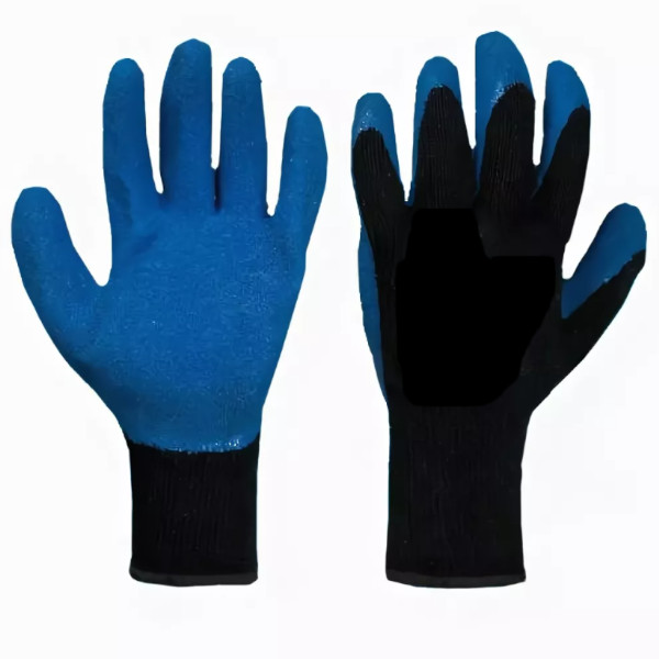 Перчатки хп/полиэф с рифленым покрытием из натурального латекса черно-синие.